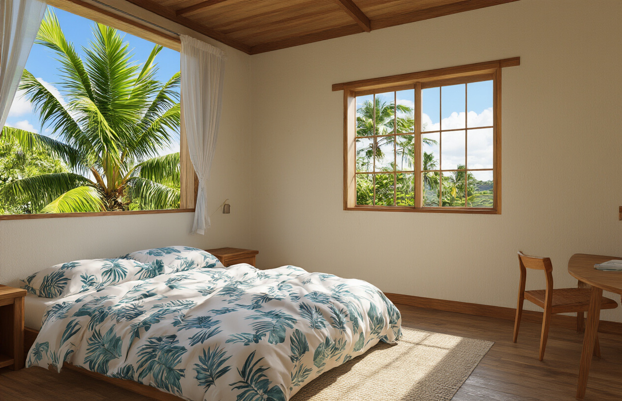realistic image of a cozy and affordable vacation rental or hostel room in Hawaii, featuring a neatly made bed with simple tropical-themed bedding, a small open window revealing a lush green palm tree and bright blue sky outside, a modest but clean interior with wooden furniture, warm natural lighting streaming through the window, creating a budget-friendly yet inviting tropical atmosphere. Absolutely NO text should be in the scene.