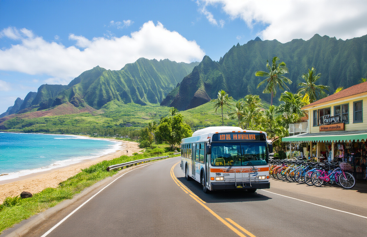 realistic image of a local Hawaii public bus traveling along a scenic coastal road with lush green mountains in the background and the blue ocean visible on one side, a bicycle rental shop with colorful bikes lined up outside near a tropical beachside area, bright sunny tropical lighting with a warm and adventurous mood, emphasizing affordable and accessible transportation options in Hawaii. Absolutely NO text should be in the scene.