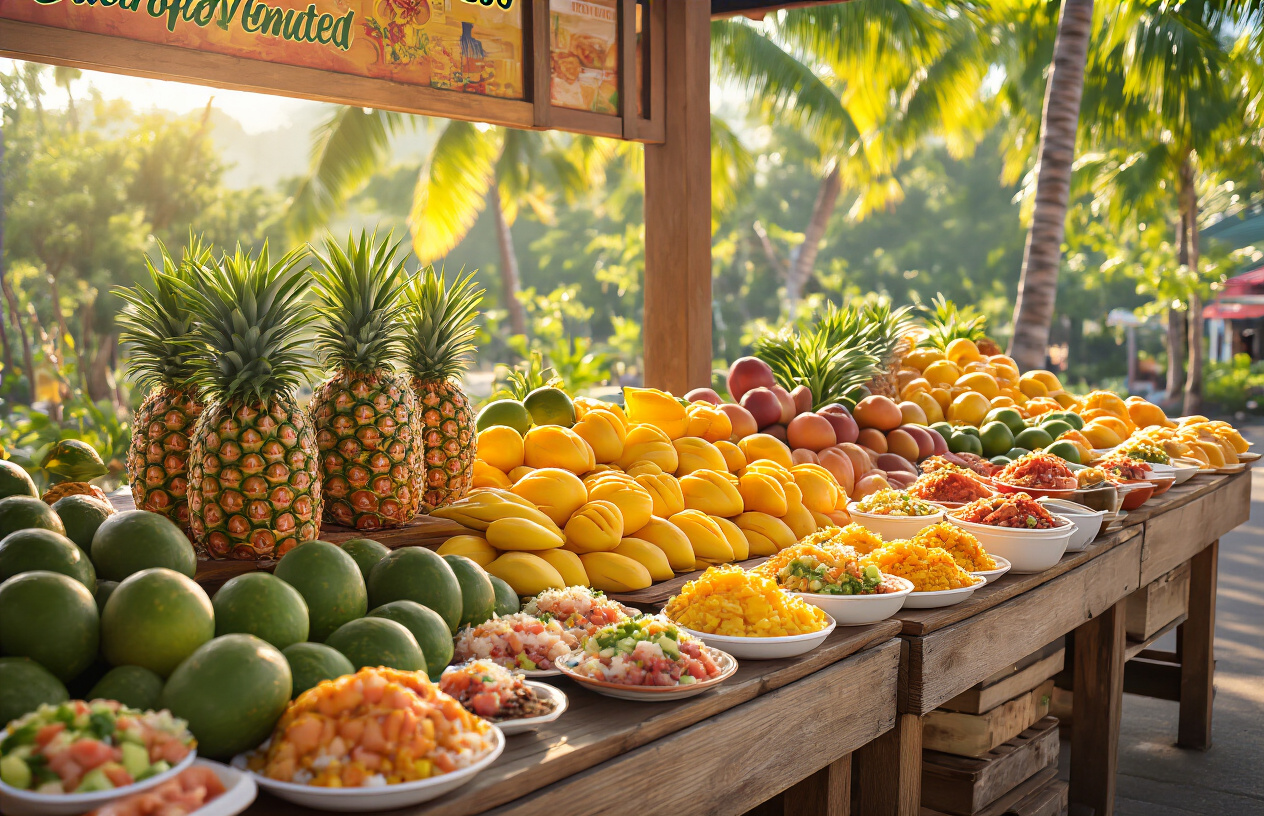 realistic image of a vibrant outdoor Hawaiian food market scene featuring fresh tropical fruits like pineapples, mangoes, and papayas displayed on wooden stalls, with affordable local street food such as plate lunches and poke bowls visible in the foreground, bathed in warm golden sunlight with lush green palm trees in the background, conveying a cheerful and inviting atmosphere of delicious budget-friendly eating in Hawaii. Absolutely NO text should be in the scene.