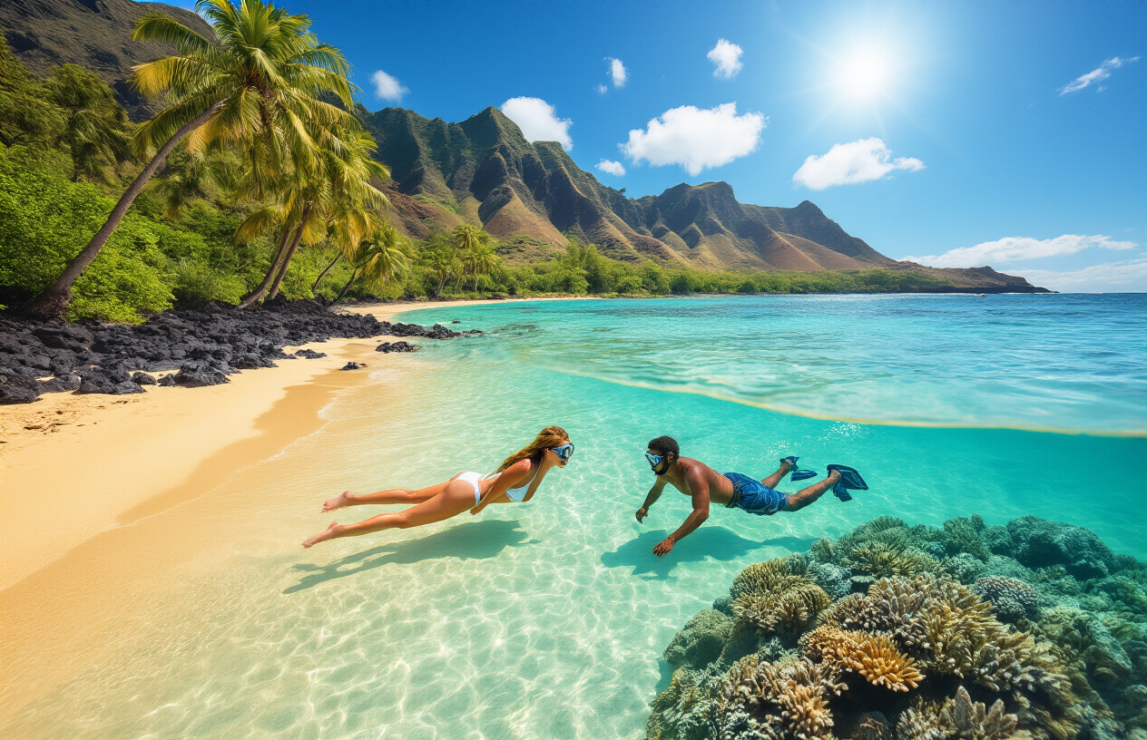 realistic image of a stunning Hawaiian beach scene with crystal-clear turquoise water, golden sand, and lush green palm trees swaying in the background, featuring a white female and a black male couple snorkeling near a colorful coral reef in shallow water, with hiking trails visible on a scenic volcanic hillside in the distance, bathed in warm, bright tropical sunlight that creates a vibrant and joyful atmosphere, evoking the feeling of enjoying nature's free beauty on a budget vacation. Absolutely NO text should be in the scene.