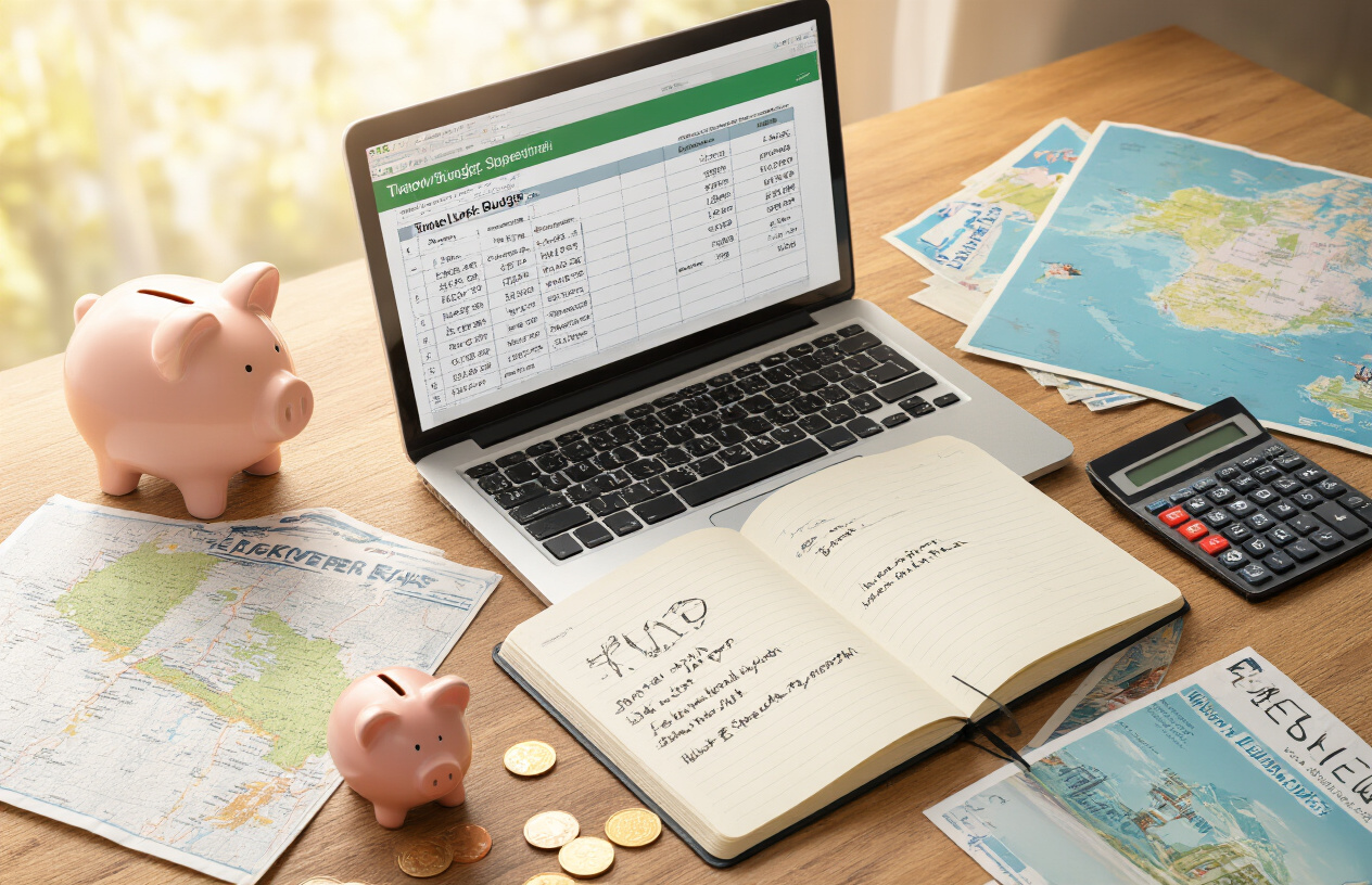 realistic image of a neatly organized travel planning setup on a wooden desk, featuring a open laptop displaying a travel budget spreadsheet, a notebook with handwritten budget notes, a calculator, and scattered travel brochures and maps of Hawaii, with a small piggy bank and some coins nearby symbolizing budget-conscious planning, warm natural lighting illuminating the scene, creating a focused and motivated mood, Absolutely NO text should be in the scene.