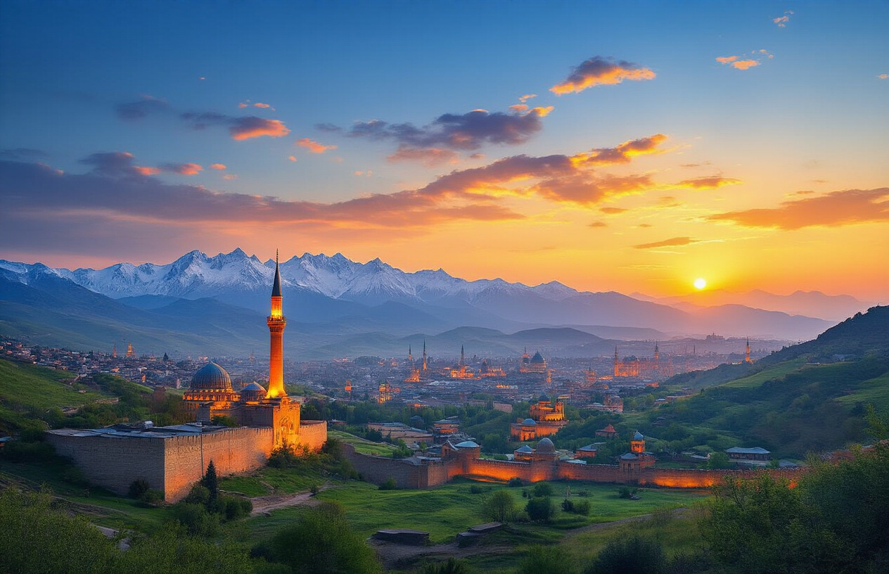realistic image of a breathtaking panoramic collage-style scene capturing the essence of Azerbaijan's diverse landscapes and landmarks, featuring the iconic Flame Towers of Baku glowing at dusk on one side, the rugged snow-capped Caucasus Mountains in the background, the lush green countryside of Sheki with its traditional architecture in the middle ground, and the historic Old City walls of Baku subtly visible, all blended together in a warm golden-hour light that evokes a sense of wonder, adventure, and fulfillment, with a rich color palette of deep blues, warm oranges, and vibrant greens creating an inviting and nostalgic mood, Absolutely NO text should be in the scene.