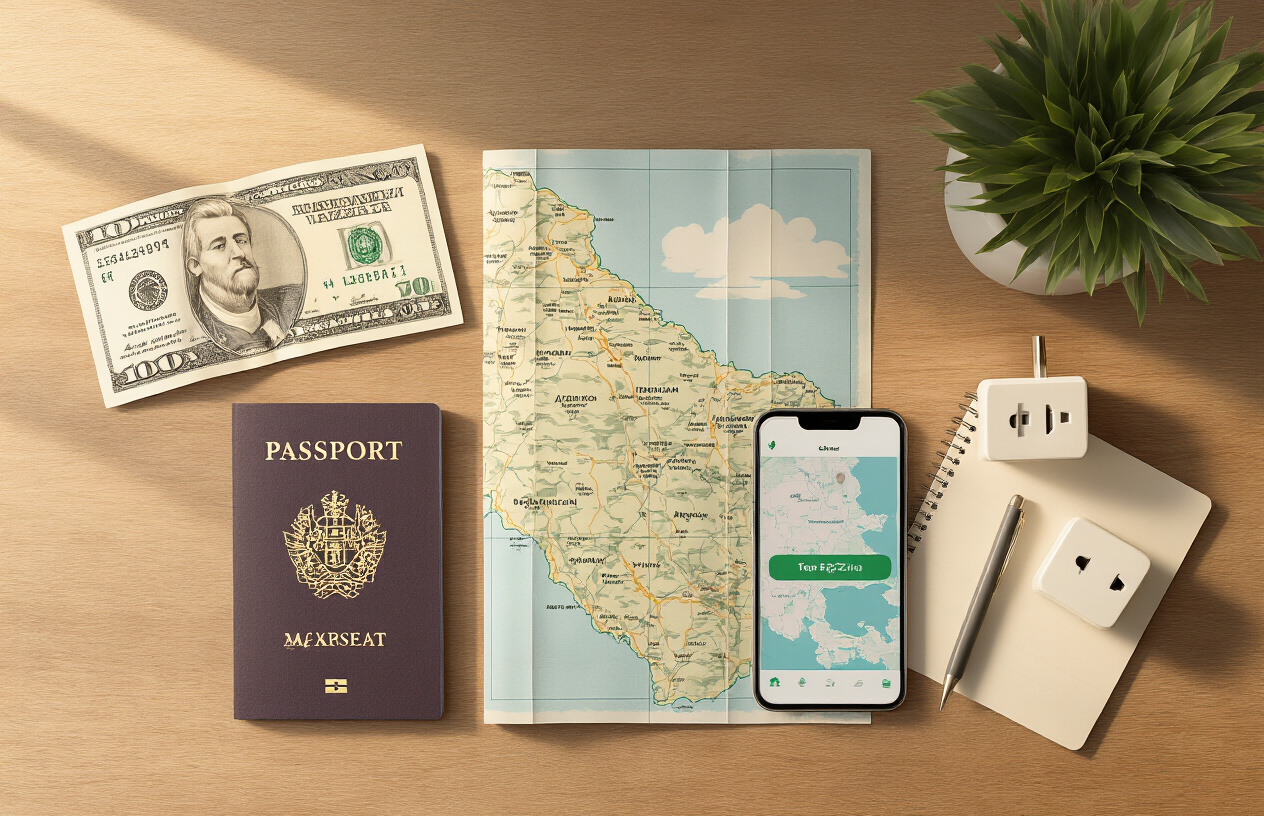 realistic image of a neatly arranged travel preparation flat lay on a wooden desk, featuring an Azerbaijani manat currency, a passport, a folded map of Azerbaijan, a smartphone displaying a map app, a travel adapter plug, and a small notebook with a pen, all organized on a clean surface with soft, warm natural lighting from the side, conveying a sense of organized trip planning and readiness, with a calm and informative mood. Absolutely NO text should be in the scene.