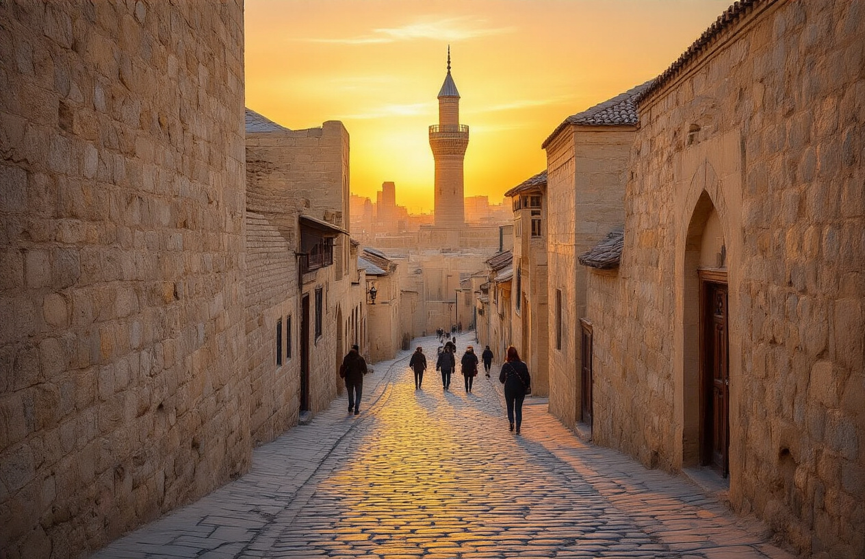 realistic image of the iconic Old City (Icherisheher) of Baku, Azerbaijan, during golden hour, featuring the ancient stone walls and narrow cobblestone streets lined with traditional stone buildings, with the Maiden Tower rising prominently in the background against a warm, glowing sky, the scene bathed in soft amber and orange light casting long shadows across the historic architecture, evoking a sense of discovery and arrival in a timeless city, with a few blurred silhouettes of tourists exploring the winding streets in the distance, Absolutely NO text should be in the scene.