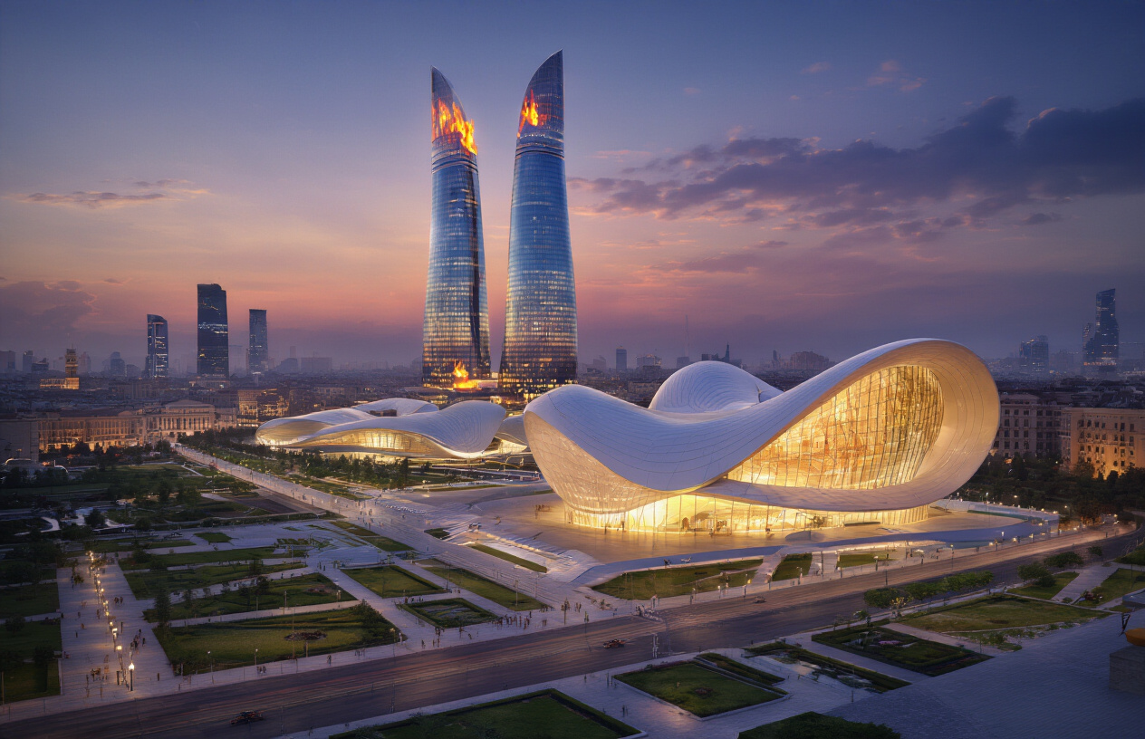realistic image of a stunning panoramic view of Baku's modern skyline featuring the iconic Flame Towers rising dramatically against a twilight sky, with the futuristic Heydar Aliyev Center's flowing white architecture visible in the foreground, warm golden and purple hues reflecting off glass surfaces, a wide pedestrian boulevard with manicured gardens blending the city's contemporary marvels with hints of its historic old town walls in the distance, the scene conveying a sense of discovery and wonder, bathed in the soft glow of dusk lighting that highlights both the city's bold modern identity and its layered character. Absolutely NO text should be in the scene.