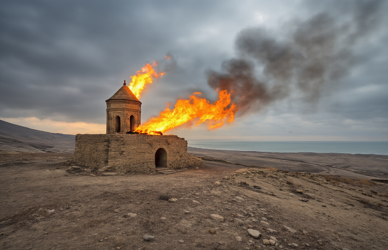 realistic image of the Absheron Peninsula in Azerbaijan featuring the ancient Ateshgah Fire Temple with its eternal natural gas flames burning dramatically against a moody, overcast sky, the rugged semi-arid landscape stretching into the background with the Caspian Sea faintly visible on the horizon, warm golden and orange tones from the flames contrasting with the cool grey sky, creating an atmospheric and mysterious ambiance that evokes the region's ancient history and geological wonders. Absolutely NO text should be in the scene.