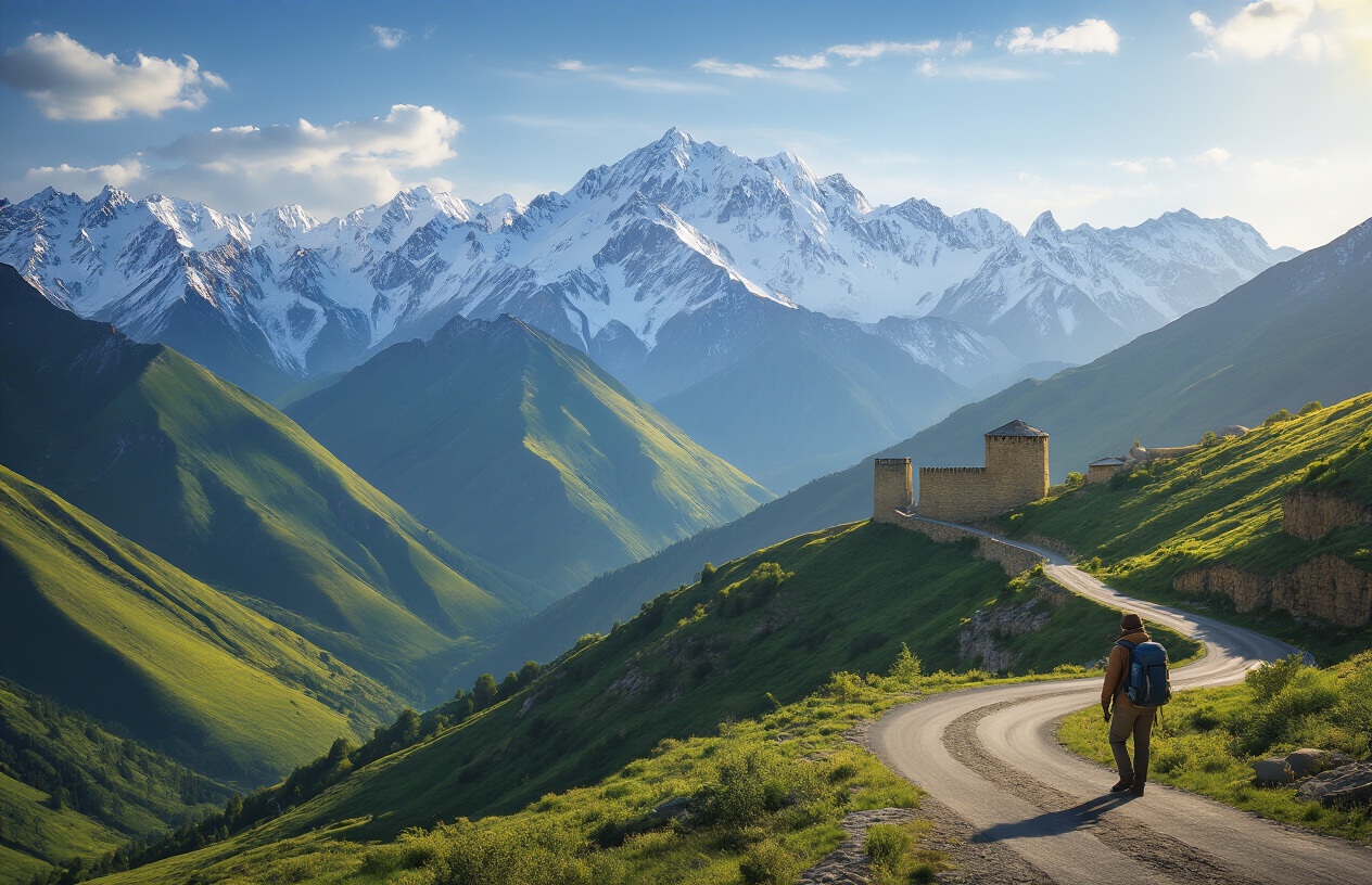 realistic image of a breathtaking panoramic view of the Greater Caucasus Mountains in Azerbaijan, featuring dramatic snow-capped peaks rising above lush green valleys, with a winding mountain road cutting through the rugged landscape, ancient stone watchtowers visible on a distant ridge, golden afternoon sunlight casting long shadows across the mountain slopes, a clear blue sky with wispy clouds hovering around the peaks, and a lone traveler with a backpack standing at a scenic viewpoint overlooking the vast mountain scenery, capturing a sense of awe and adventure. Absolutely NO text should be in the scene.