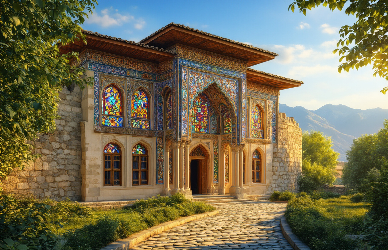 realistic image of the historic Sheki Khan's Palace in Azerbaijan, showcasing its stunning ornate facade adorned with intricate colorful stained glass windows called shebeke, surrounded by lush greenery and ancient stone walls, bathed in warm golden afternoon sunlight, with a charming cobblestone pathway leading to the entrance, capturing the magical and timeless atmosphere of this UNESCO World Heritage Site, set against a backdrop of the Caucasus mountains visible in the distance under a clear blue sky. Absolutely NO text should be in the scene.