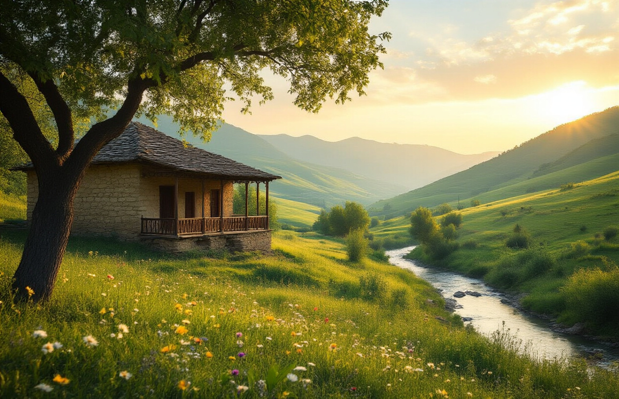 realistic image of a peaceful Azerbaijani countryside landscape featuring rolling green hills, a traditional stone village house with a wooden veranda, surrounded by lush trees and wildflowers, with a calm river or stream flowing nearby, soft warm golden afternoon light casting a serene glow over the scene, evoking a sense of tranquility and relaxation, with no human subjects, emphasizing the quiet beauty of rural Azerbaijan. Absolutely NO text should be in the scene.