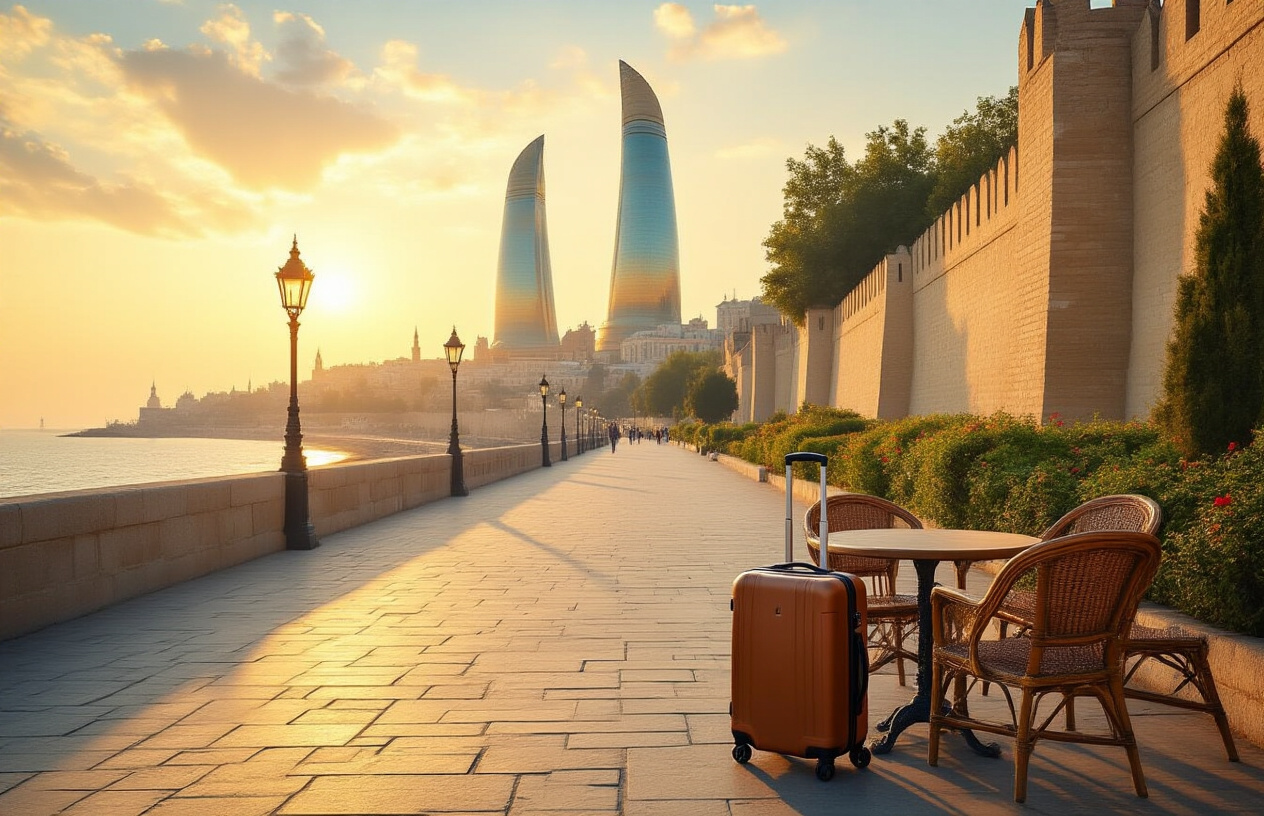 realistic image of a warm golden-hour scene in Baku, Azerbaijan, showcasing iconic landmarks such as the Flame Towers and the Old City walls in the background, with a rolling suitcase placed beside a café table in the foreground, evoking the feeling of a traveler's final moments in the city, the atmosphere is bittersweet yet vibrant with soft warm sunlight casting long shadows across the stone-paved boulevard, lush greenery lining the promenade, and the Caspian Sea subtly visible in the distance, creating a nostalgic and memorable end-of-trip mood. Absolutely NO text should be in the scene.