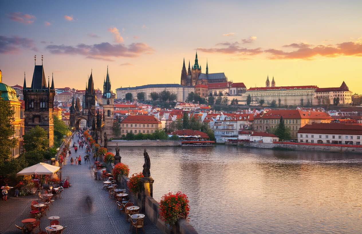 realistic image of a breathtaking panoramic view of Prague, Czech Republic, showcasing the iconic Charles Bridge spanning the Vltava River in the foreground, with the stunning Prague Castle and St. Vitus Cathedral dominating the skyline in the background, surrounded by terracotta rooftops and gothic spires, warm golden hour lighting casting a rich amber glow over the entire cityscape, a lively riverside promenade with outdoor cafƩ tables and vibrant flower displays visible along the bank, the atmosphere exuding a sense of charm, history, and irresistible allure that captures the essence of an unforgettable European destination. Absolutely NO text should be in the scene.