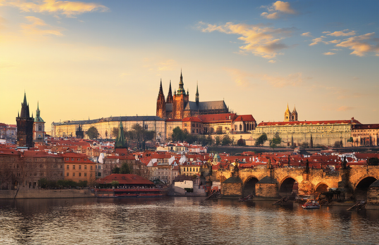 realistic image of the iconic Prague skyline featuring the historic Prague Castle and St. Vitus Cathedral towering over a sea of red-roofed medieval buildings, with the Charles Bridge elegantly spanning the Vltava River in the foreground, bathed in warm golden hour lighting that highlights the intricate Gothic and Baroque architectural details, creating a majestic and awe-inspiring atmosphere that conveys centuries of rich history and unparalleled architectural beauty. Absolutely NO text should be in the scene.