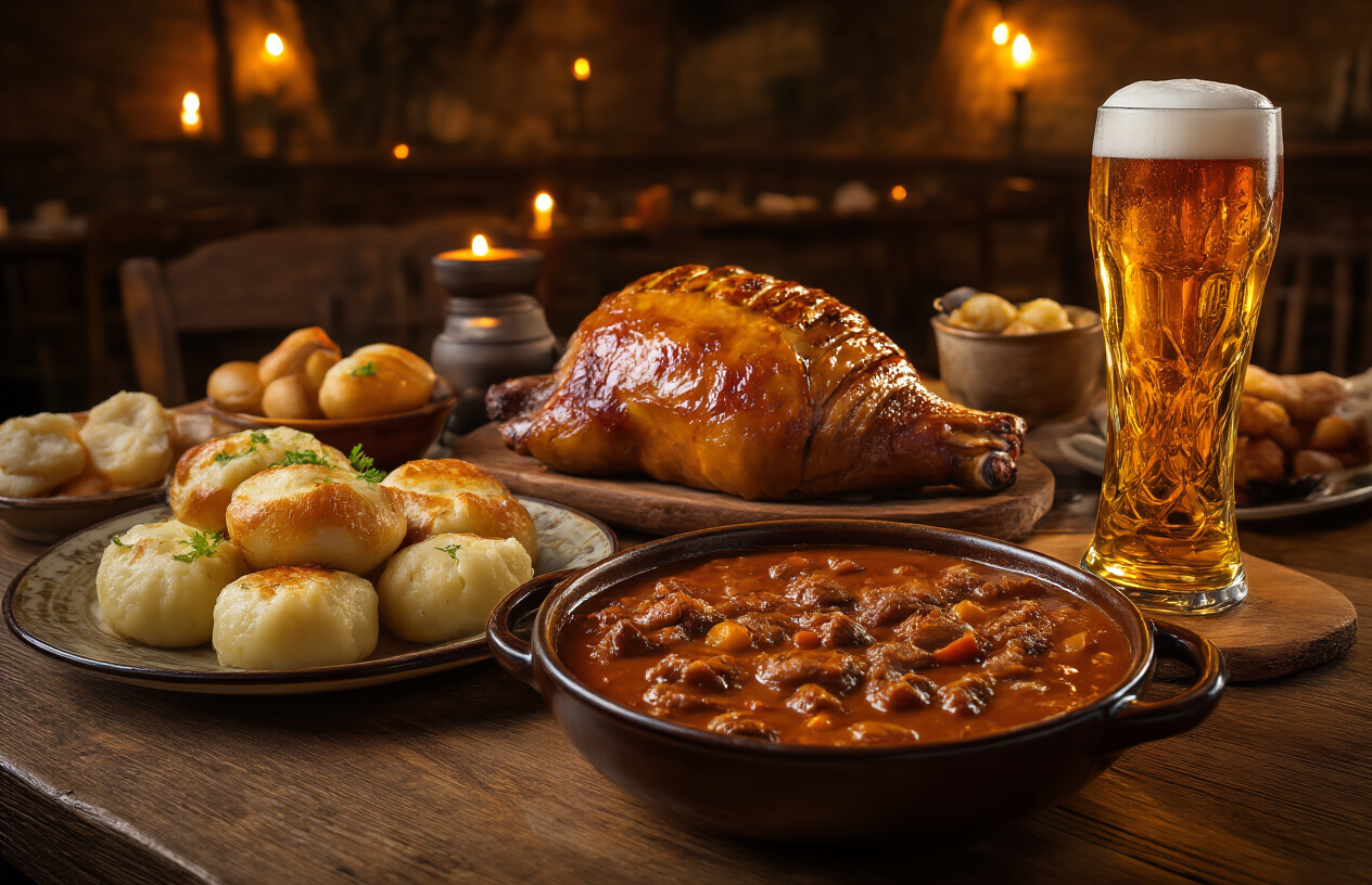 realistic image of a rustic wooden table in a cozy Czech restaurant featuring an abundant spread of traditional Czech food and drink, including a golden roasted pork knee, bread dumplings, rich goulash in a ceramic bowl, and a tall glass of frothy amber Czech beer, with warm candlelight and dim ambient lighting casting a golden glow over the scene, creating an inviting and indulgent atmosphere that highlights the richness and appeal of Czech cuisine. Absolutely NO text should be in the scene.