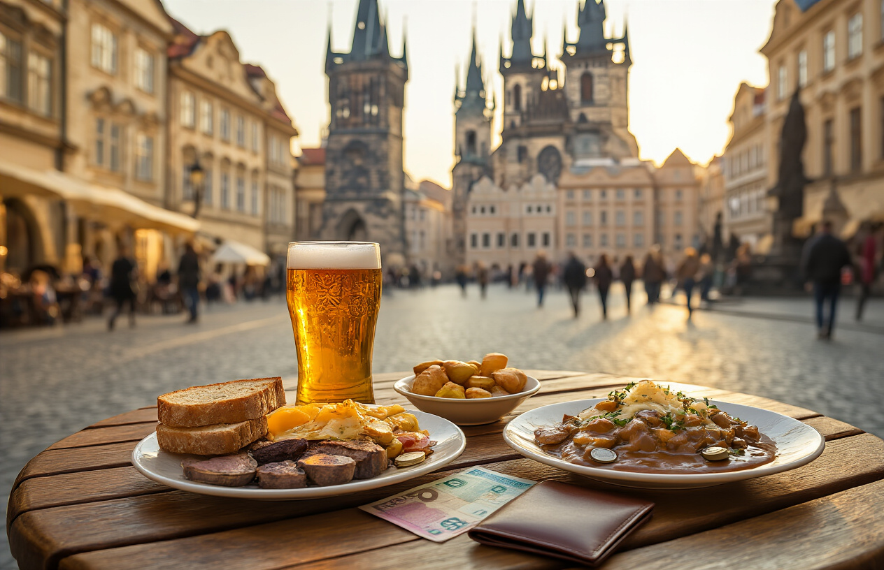 realistic image of a cozy outdoor cafĆ© in Prague's historic old town square, featuring a small wooden table with a frugal yet delicious spread of traditional Czech food and drinks, including a glass of golden beer and a hearty plate of svĆÄkovĆ”, alongside a open wallet with a few euro coins and some Czech koruna banknotes, with the stunning Gothic architecture of the city in the soft golden background, the scene lit by warm afternoon sunlight, conveying a sense of value, charm, and budget-friendly travel. Absolutely NO text should be in the scene.