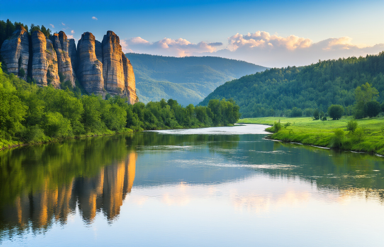 realistic image of a breathtaking natural landscape in the Czech Republic featuring dramatic sandstone rock formations rising above a lush green forest valley, with a winding river reflecting the golden light of late afternoon, rolling forested hills stretching into the misty horizon, a clear blue sky with soft clouds overhead, and an overall mood of serene, untouched wilderness that feels both majestic and inviting. Absolutely NO text should be in the scene.