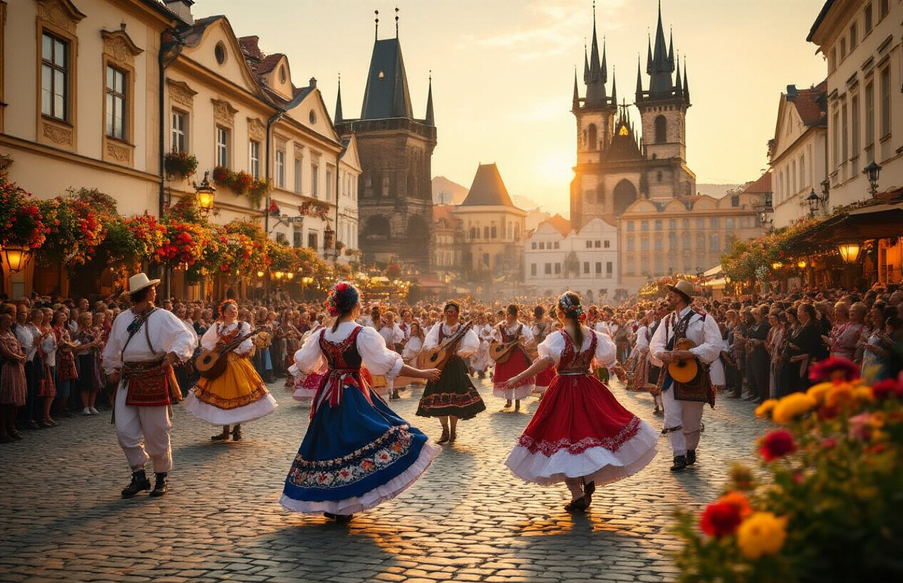 realistic image of a lively Czech cultural festival scene in a historic cobblestone town square, with colorful traditional folk costumes worn by white male and female performers dancing energetically, surrounded by festive decorations, vibrant flower arrangements, and traditional Czech music instruments, warm golden hour lighting casting a celebratory glow over the crowd of enthusiastic spectators, medieval architecture and Gothic spires visible in the background, creating an atmosphere of joyful cultural immersion and tradition. Absolutely NO text should be in the scene.