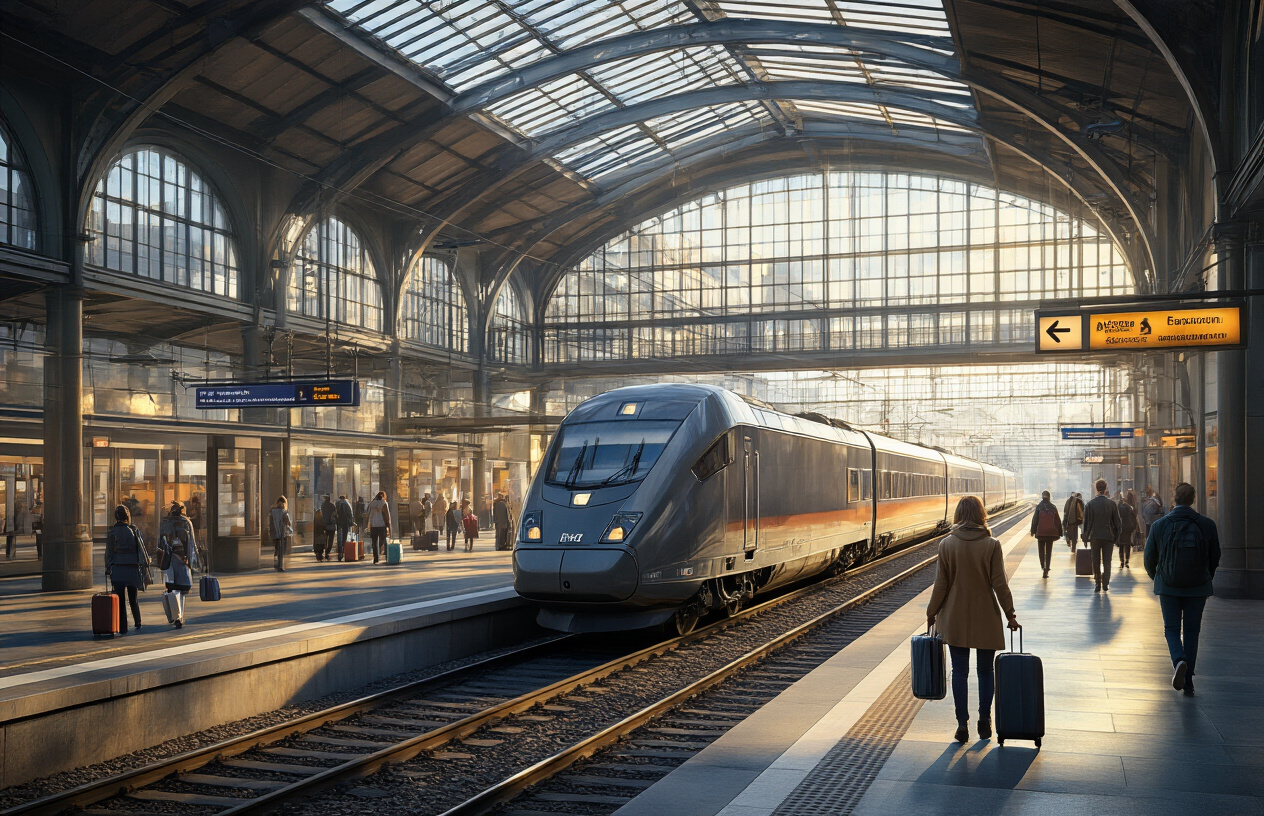 realistic image of a modern, well-connected European train station in the Czech Republic, featuring a sleek high-speed train parked at the platform with clear signage and a bustling yet organized atmosphere, travelers with luggage moving efficiently through the station, warm natural light streaming through large glass windows, conveying a sense of ease, accessibility, and seamless travel convenience. Absolutely NO text should be in the scene.