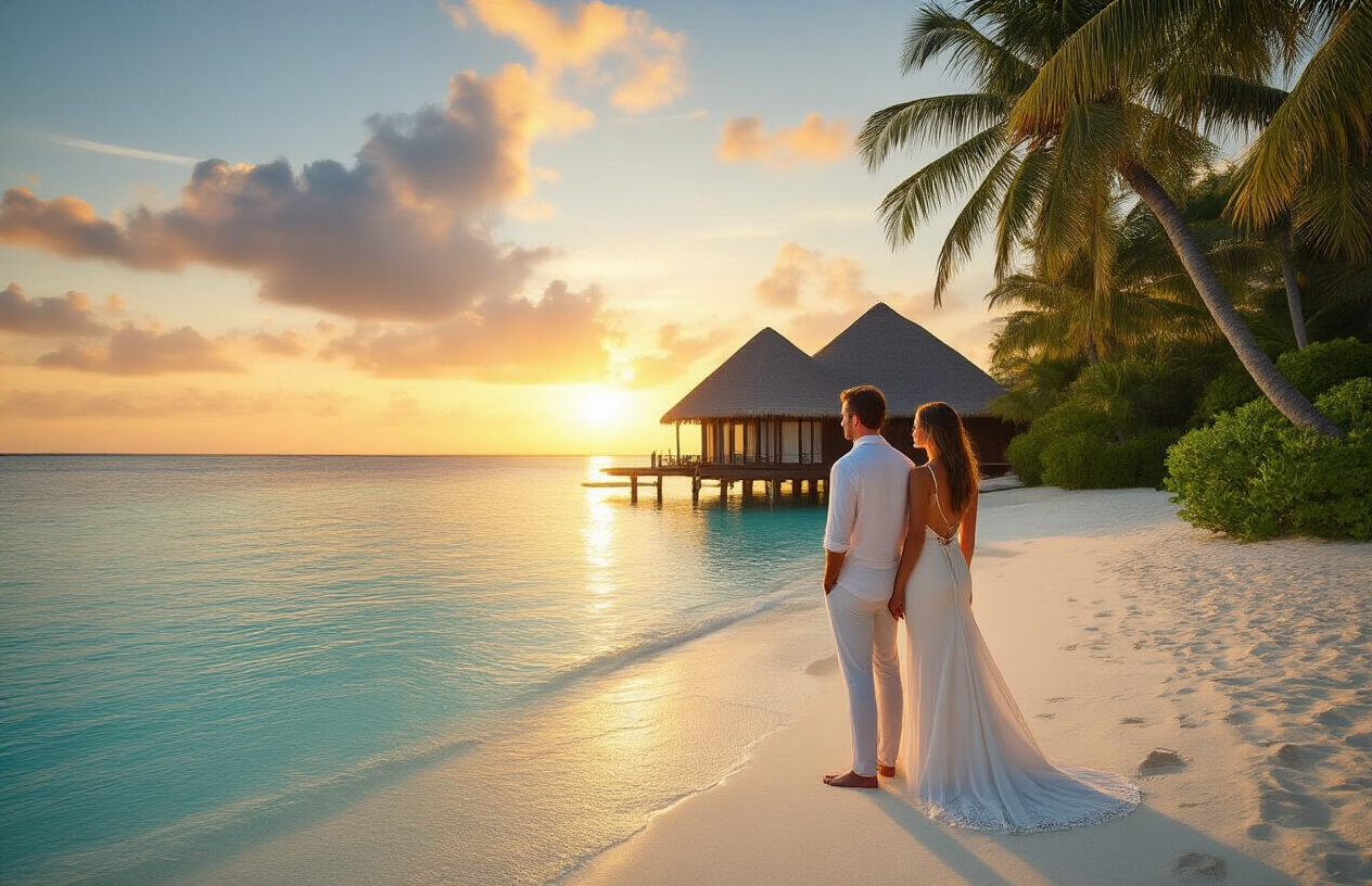 image of a romantic couple, a white male and a white female, standing together on a stunning tropical beach at golden hour, with crystal-clear turquoise water and a luxurious overwater bungalow in the background, the couple is dressed in elegant resort wear and gazing at a breathtaking sunset, surrounded by lush palm trees and soft white sand, the warm glowing light creates an intimate and dreamy atmosphere symbolizing the perfect honeymoon destination, Absolutely NO text should be in the scene.