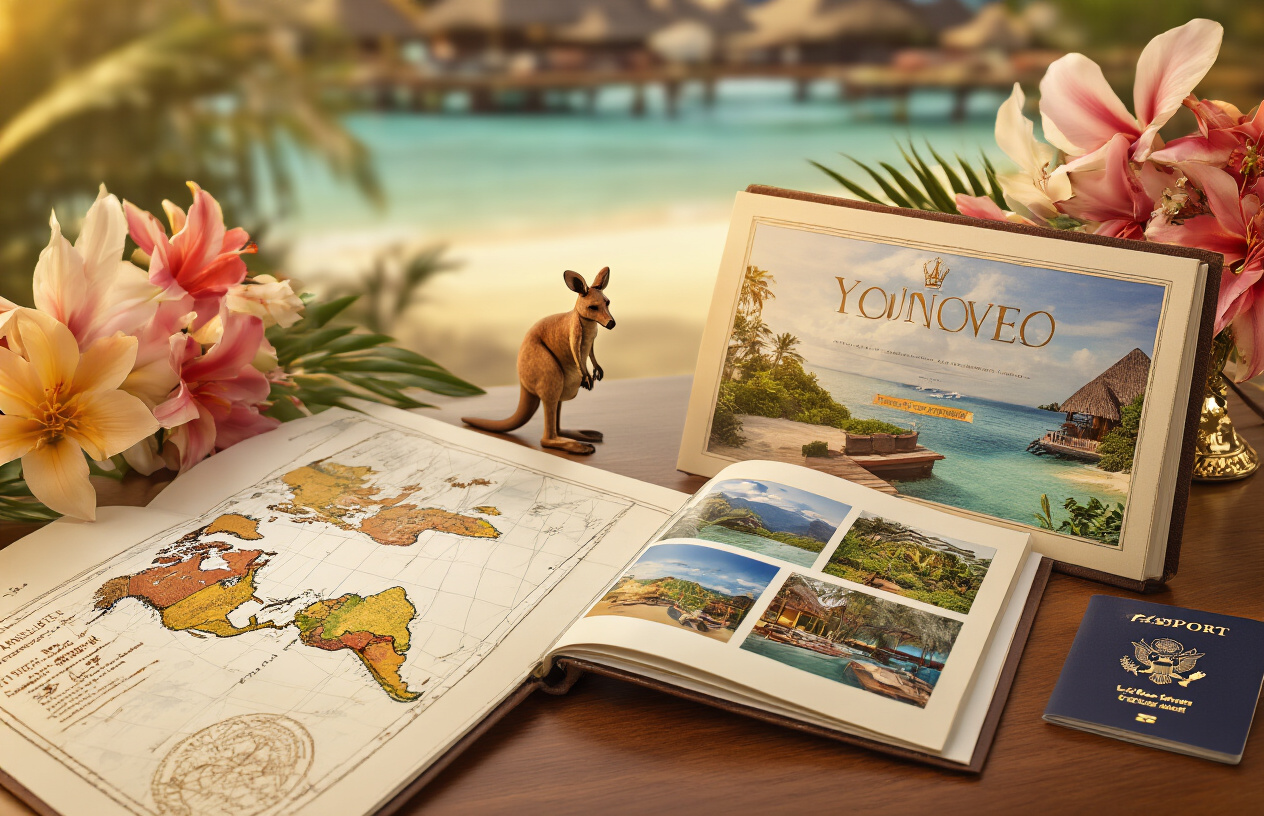 image of a luxurious honeymoon travel planning setup featuring an elegant open travel brochure with exotic destination photos, a world map, and a small kangaroo figurine as a brand symbol, placed on a sleek wooden desk alongside tropical flowers, passport, and romantic destination photos, bathed in warm golden lighting that evokes sophistication and wanderlust, with a blurred background of a stunning beach resort, conveying a sense of expert, personalized honeymoon planning. Absolutely NO text should be in the scene.