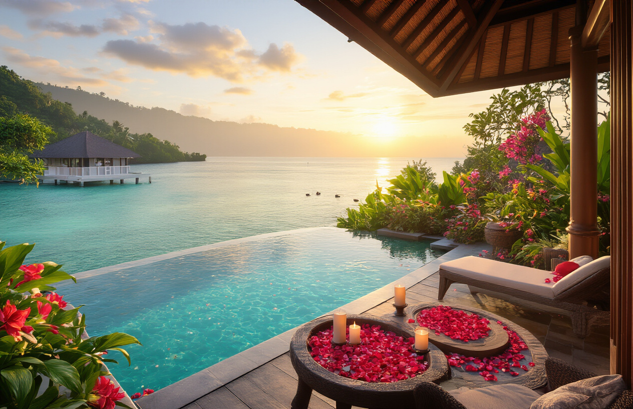image of a luxurious romantic resort in Bali, featuring a stunning overwater villa with a private infinity pool overlooking a calm turquoise ocean, surrounded by lush tropical greenery and vibrant tropical flowers, with a beautifully decorated outdoor terrace set with rose petals and candles, the warm golden light of a breathtaking sunset casting a soft romantic glow over the scene, creating an atmosphere of tropical serenity and intimacy. Absolutely NO text should be in the scene.