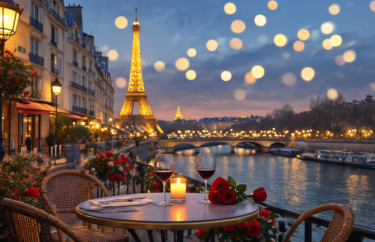 image of a romantic Parisian scene featuring the Eiffel Tower glowing warmly in the golden evening light, with a cozy outdoor café table set for two in the foreground, adorned with a candle, wine glasses, and a small bouquet of red roses, the Seine River and charming Haussmann-style buildings softly blurred in the background, the atmosphere warm and intimate with a soft bokeh effect, evoking luxury and romance. Absolutely NO text should be in the scene.