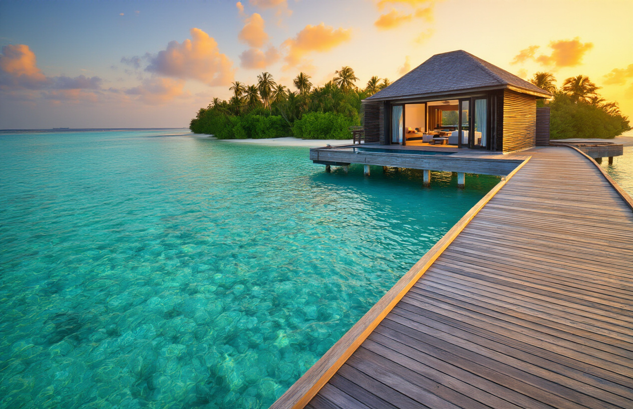 image of a luxurious overwater bungalow in the Maldives, with a private wooden deck extending over crystal-clear turquoise waters, surrounded by a vast, tranquil ocean under a warm golden sunset sky, a minimalist and elegant interior visible through glass panels, lush tropical greenery in the background, soft warm lighting reflecting on the calm water surface, creating a mood of ultimate seclusion, serenity, and exclusivity. Absolutely NO text should be in the scene.