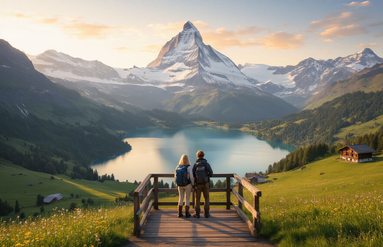image of a breathtaking Swiss Alps landscape with snow-capped mountain peaks, lush green valleys, and a crystal-clear alpine lake in the foreground, featuring a white male and white female couple standing on a scenic wooden viewpoint deck, dressed in outdoor adventure gear, gazing at the panoramic mountain vista together, with warm golden hour sunlight casting a soft glow over the peaks, conveying a sense of romance, adventure, and natural wonder, with wildflowers dotting the meadow and a charming wooden chalet visible in the background. Absolutely NO text should be in the scene.