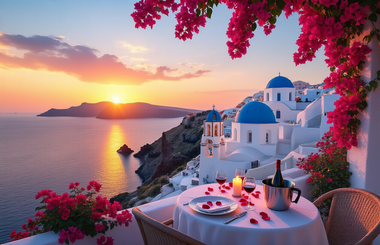 image of a breathtaking Santorini sunset scene with iconic white-washed buildings and blue-domed churches perched on clifftops overlooking the deep blue Aegean Sea, featuring a romantic terrace with a candlelit table set for two, adorned with rose petals and a bottle of wine in an ice bucket, warm golden and pink hues filling the sky as the sun dips below the horizon, casting a soft glowing light over the entire scene, with cascading bougainvillea flowers framing the view, evoking an atmosphere of luxury, intimacy, and Mediterranean romance. Absolutely NO text should be in the scene.
