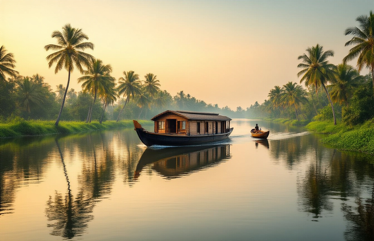 image of a traditional wooden houseboat gliding peacefully along the calm, mirror-like waters of the Kerala backwaters, surrounded by lush green palm trees and tropical vegetation lining the banks, with soft golden hour lighting casting a warm glow over the serene landscape, reflecting on the tranquil water surface, a small wooden canoe visible in the distance, the overall mood being peaceful, exotic, and culturally rich, evoking a sense of slow travel and immersive cultural exploration. Absolutely NO text should be in the scene.