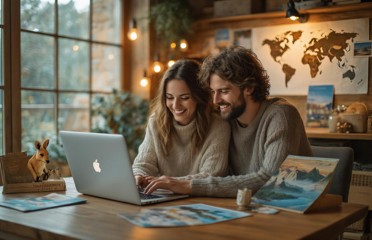 image of a couple sitting together at a wooden desk, browsing a travel website on a modern laptop, with honeymoon destination brochures and a small kangaroo-themed travel logo visible nearby, the scene set in a cozy, warmly lit home or travel agency office, with a soft bokeh background of world map décor and tropical destination photos pinned to a board, conveying excitement and anticipation as they plan their dream honeymoon, the overall mood romantic and cheerful with warm golden lighting. Absolutely NO text should be in the scene.