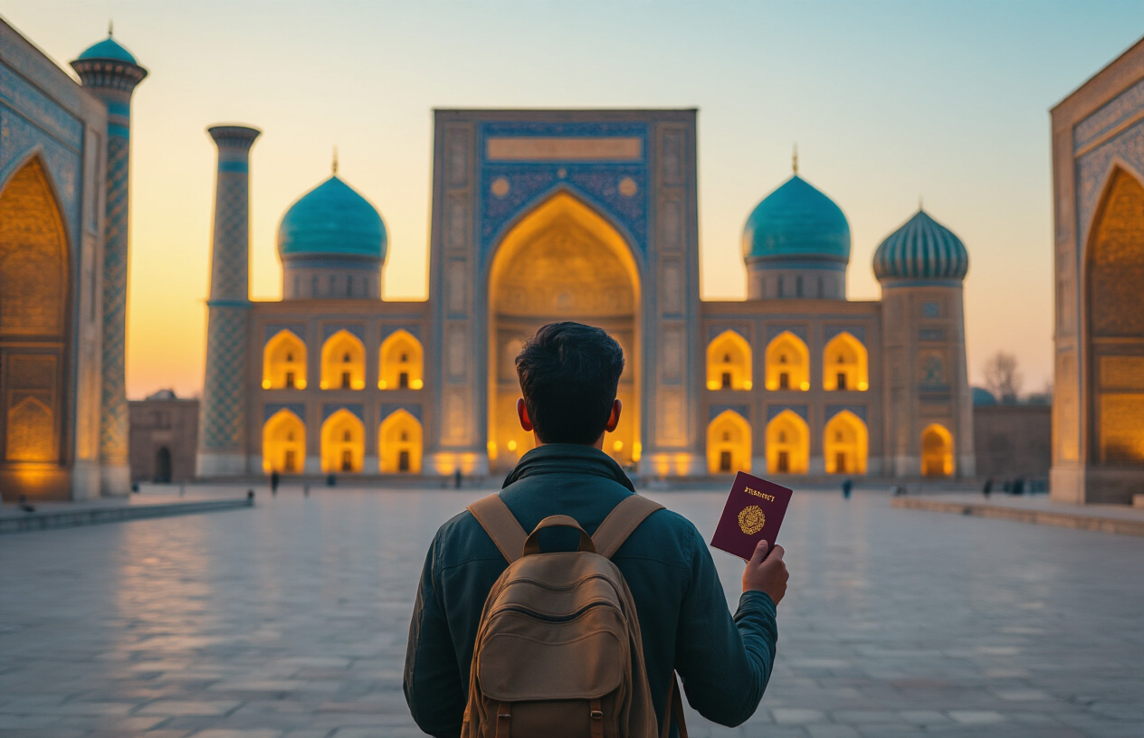 realistic image of an Indian male traveler standing at a scenic landmark in Uzbekistan, such as the iconic Registan Square in Samarkand, with its grand blue-domed architecture glowing warmly in golden hour light, the traveler looking ahead with a sense of excitement and freedom, holding an Indian passport in one hand, with the majestic Uzbek architecture filling the background, the atmosphere conveying optimism and cultural connection, warm and vibrant lighting enhancing the welcoming mood of the scene. Absolutely NO text should be in the scene.