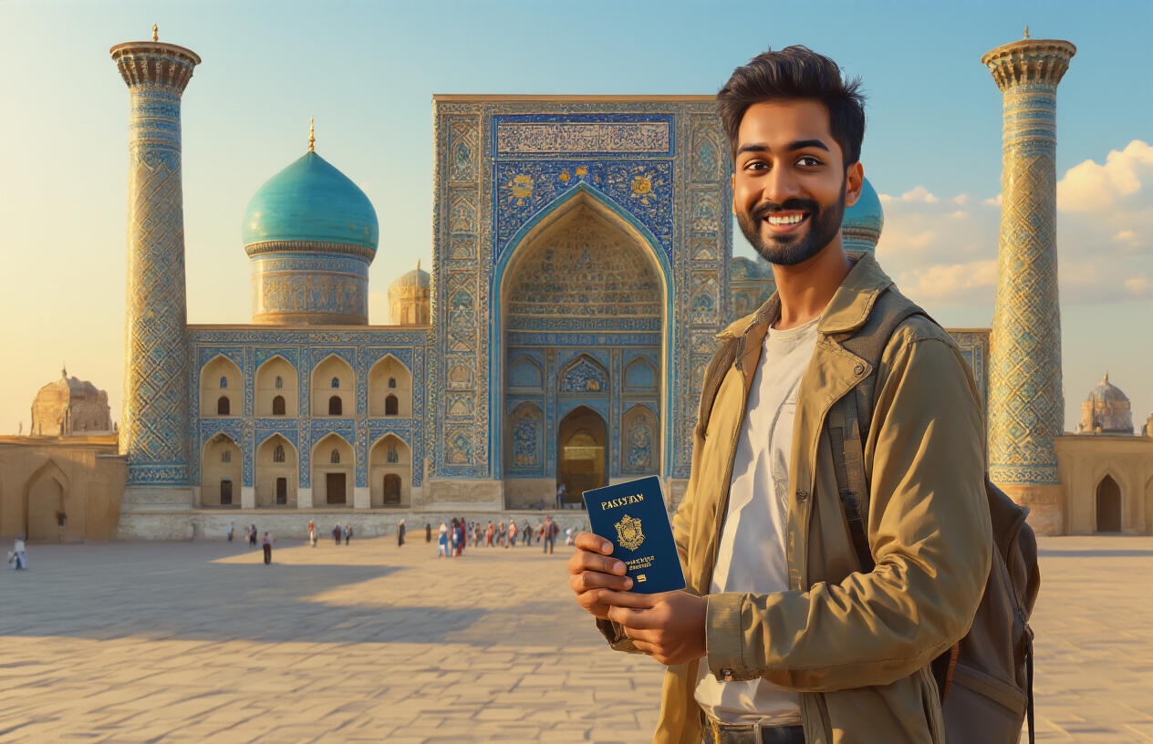 realistic image of a smiling Indian male traveler holding an Indian passport while standing in front of the iconic Registan Square in Samarkand, Uzbekistan, with its grand blue-tiled mosques and minarets visible in the background, the scene bathed in warm golden sunlight suggesting a pleasant travel experience, with a small Uzbekistan map or landmark silhouette subtly integrated into the background, conveying a sense of freedom and easy travel access, Absolutely NO text should be in the scene.