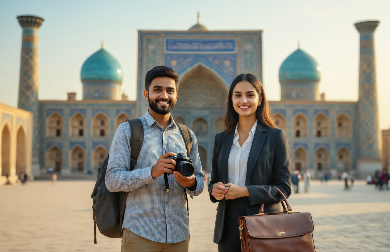 realistic image of an Indian male traveler and an Indian female business professional standing together at a iconic Uzbekistan landmark, such as the Registan Square in Samarkand, with the traveler holding a camera and the businesswoman holding a briefcase, both smiling confidently, surrounded by the stunning blue-tiled domes and intricate architecture of Uzbekistan in warm golden sunlight, conveying a sense of opportunity, freedom, and cultural exploration, with a vibrant and welcoming atmosphere. Absolutely NO text should be in the scene.