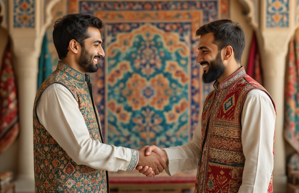 realistic image of an Indian male and an Uzbek male warmly shaking hands in front of a blended cultural backdrop featuring iconic elements from both India and Uzbekistan, such as vibrant Indian textiles and patterns alongside traditional Uzbek tilework and architecture, with soft warm lighting creating a welcoming and harmonious atmosphere, symbolizing cultural exchange and friendship, Absolutely NO text should be in the scene.