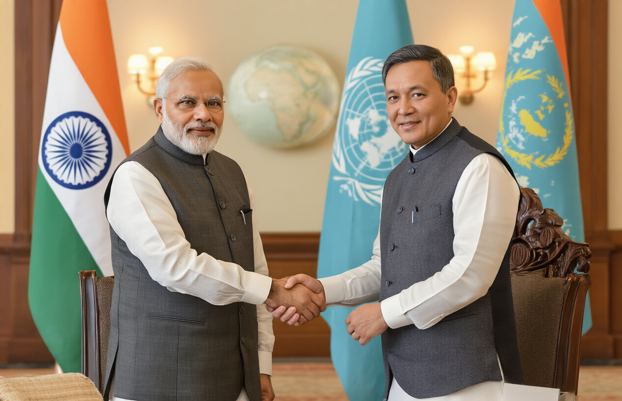 realistic image of two diplomats, one South Asian male and one Central Asian male, shaking hands in front of their respective national flags of India and Uzbekistan, symbolizing a strong bilateral partnership, set in a formal diplomatic meeting room with warm, professional lighting, conveying a sense of optimism and cooperation, with a globe or world map subtly visible in the background. Absolutely NO text should be in the scene.