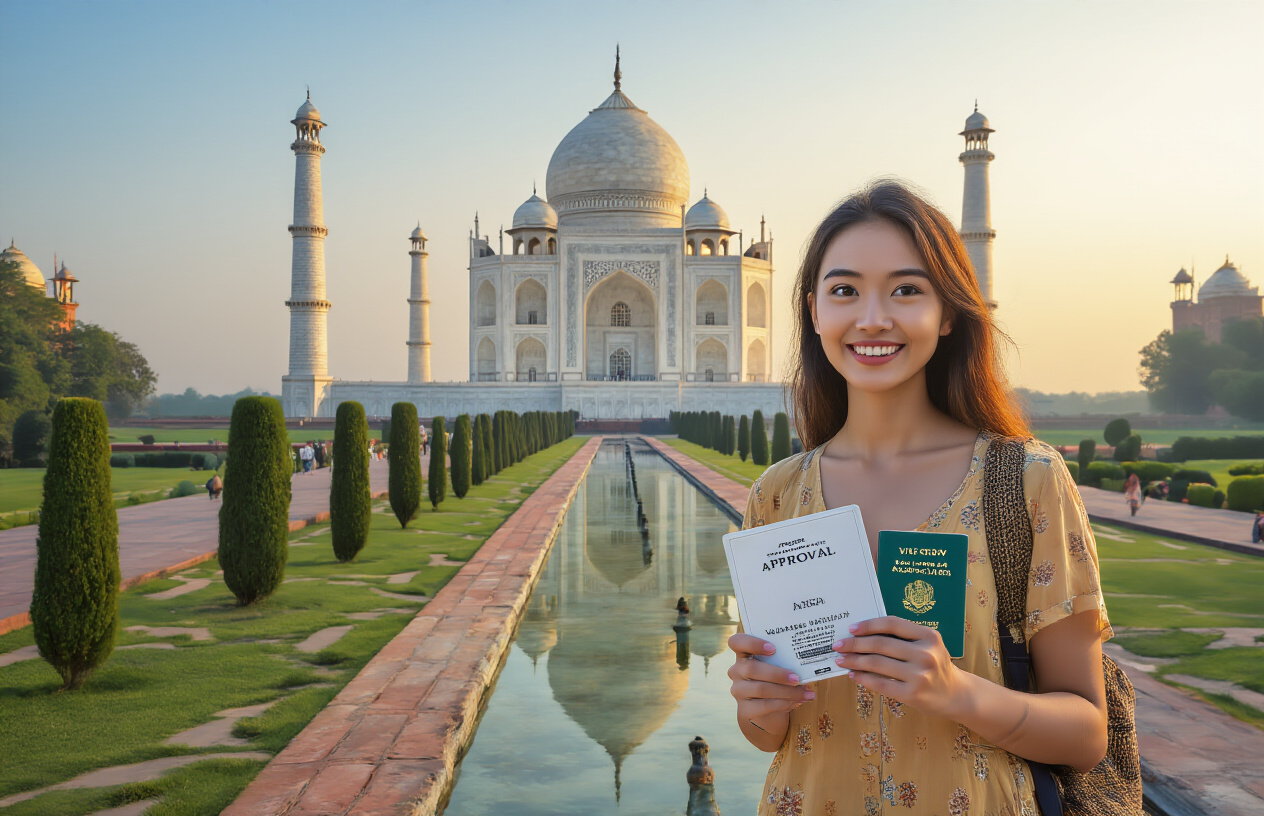 realistic image of a Thai female traveler standing in front of the iconic Taj Mahal in Agra, India, with a look of excitement and wonder on her face, holding a passport and a smartphone displaying a visa approval screen, soft golden hour lighting casting a warm glow over the scene, the majestic white marble monument gleaming in the background under a clear blue sky, with lush green gardens flanking the pathway, conveying a mood of adventure, achievement, and cultural discovery. Absolutely NO text should be in the scene.