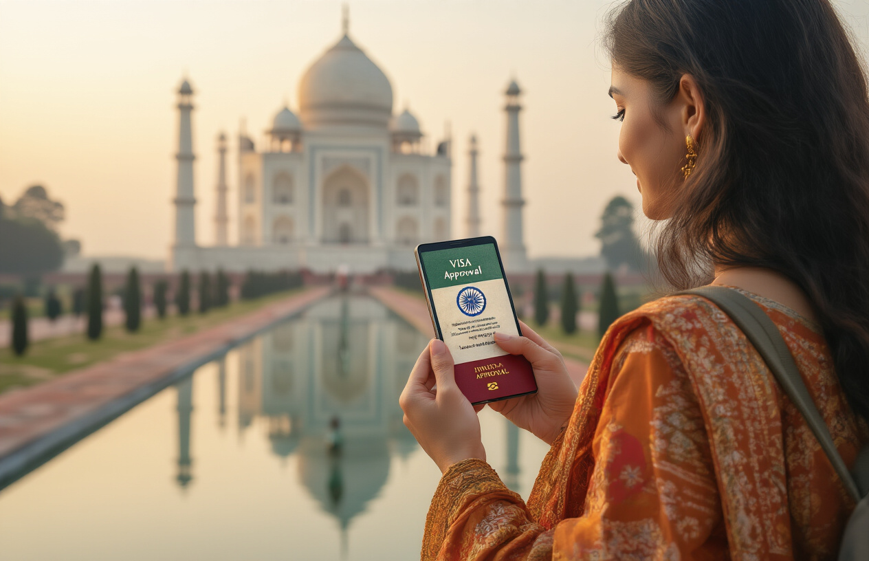 realistic image of a Thai female traveler holding an Indian passport-style document and a smartphone displaying a visa approval screen, with the iconic Indian landmarks like the Taj Mahal subtly visible in the soft-focus background, warm and welcoming lighting, conveying excitement and anticipation for travel, with Indian and Thai cultural elements subtly blended in the scene. Absolutely NO text should be in the scene.