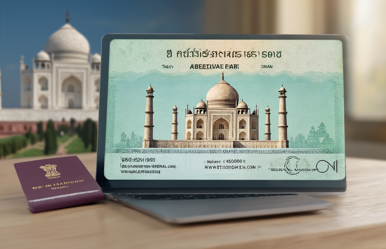 realistic image of a close-up view of an Indian e-Tourist visa document displayed on a laptop or tablet screen, with a Thai passport placed beside it, set on a clean wooden desk with soft natural lighting, giving a calm and organized mood, with subtle Indian landmarks like the Taj Mahal faintly visible in the background as a blurred element. Absolutely NO text should be in the scene.