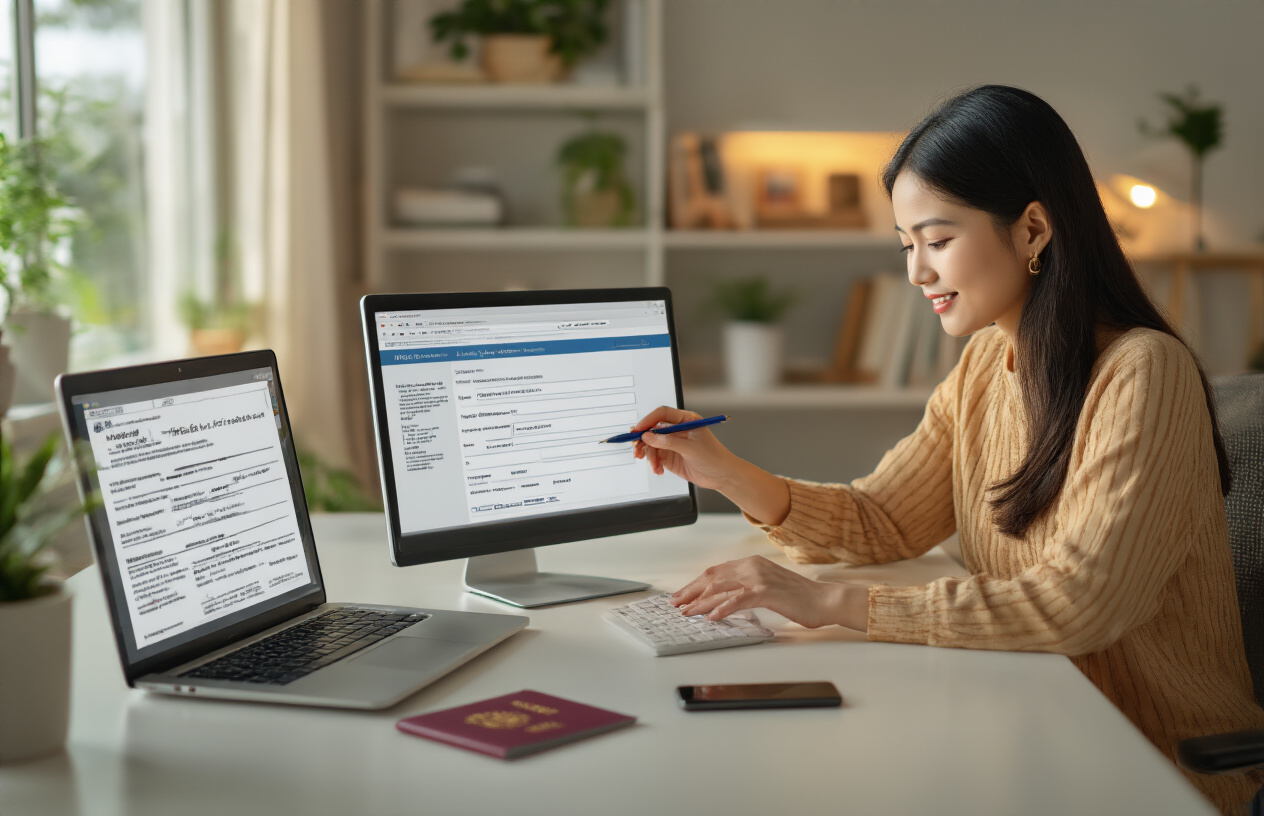 realistic image of a Thai female sitting at a clean desk with a laptop open, filling out an online visa application form on the screen, with an Indian passport-style document and a smartphone nearby, the background showing a bright and organized home office setting, warm and focused lighting highlighting the application process, conveying a smooth and straightforward digital experience. Absolutely NO text should be in the scene.