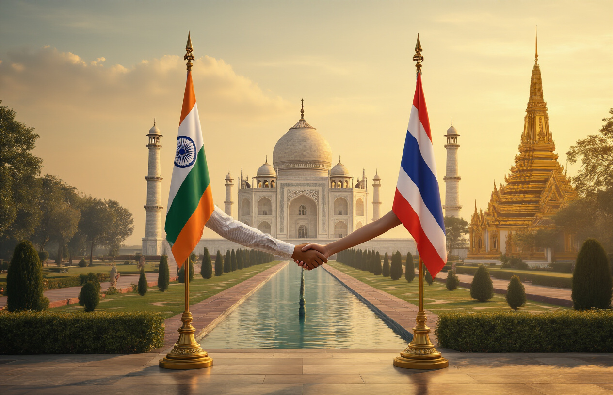 realistic image of a symbolic diplomatic handshake scene between India and Thailand, featuring the national flags of both countries displayed side by side on elegant flag stands, with the iconic Taj Mahal softly visible in the background on one side and a traditional Thai golden temple on the other, bathed in warm golden light suggesting friendship and mutual cooperation, with a welcoming and optimistic mood. Absolutely NO text should be in the scene.