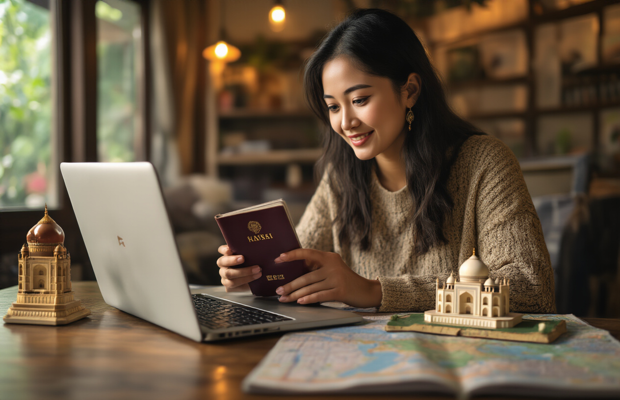 realistic image of a Thai female traveler sitting at a desk with an open laptop, reviewing travel documents and a passport, with a small figurine of the Taj Mahal and a map of India nearby, warm and organized ambient lighting suggesting careful trip planning, the background softly blurred to show a cozy home or café setting, conveying a sense of excitement and preparation for an upcoming trip to India. Absolutely NO text should be in the scene.