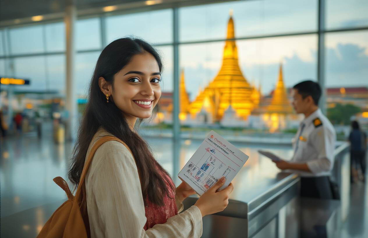 realistic image of an Indian female tourist standing at a modern Thailand airport immigration checkpoint, confidently holding her passport open and a printed document, with Thai cultural elements like a golden temple visible through a large window in the background, warm and welcoming lighting that conveys a sense of excitement and successful travel, the scene capturing the smooth entry process with a friendly immigration officer at the counter, overall mood is positive and accomplished. Absolutely NO text should be in the scene.