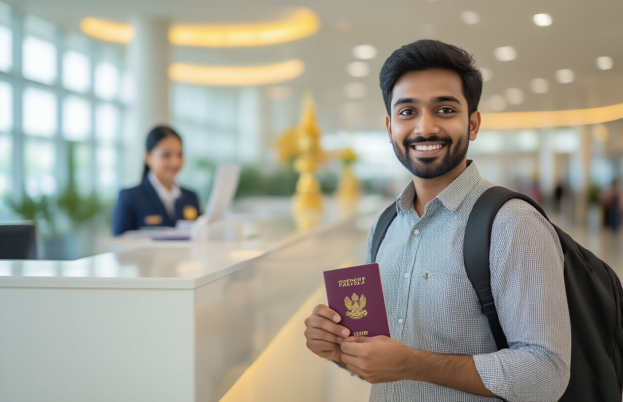 realistic image of an Indian male tourist standing at a bright and modern Thailand immigration counter, holding an Indian passport open to show its cover, with a friendly Thai immigration officer visible across the counter, the background featuring a clean airport arrival hall with subtle Thai cultural elements like golden decorative accents, the scene is well-lit with a welcoming and optimistic atmosphere, conveying ease of entry and travel freedom. Absolutely NO text should be in the scene.