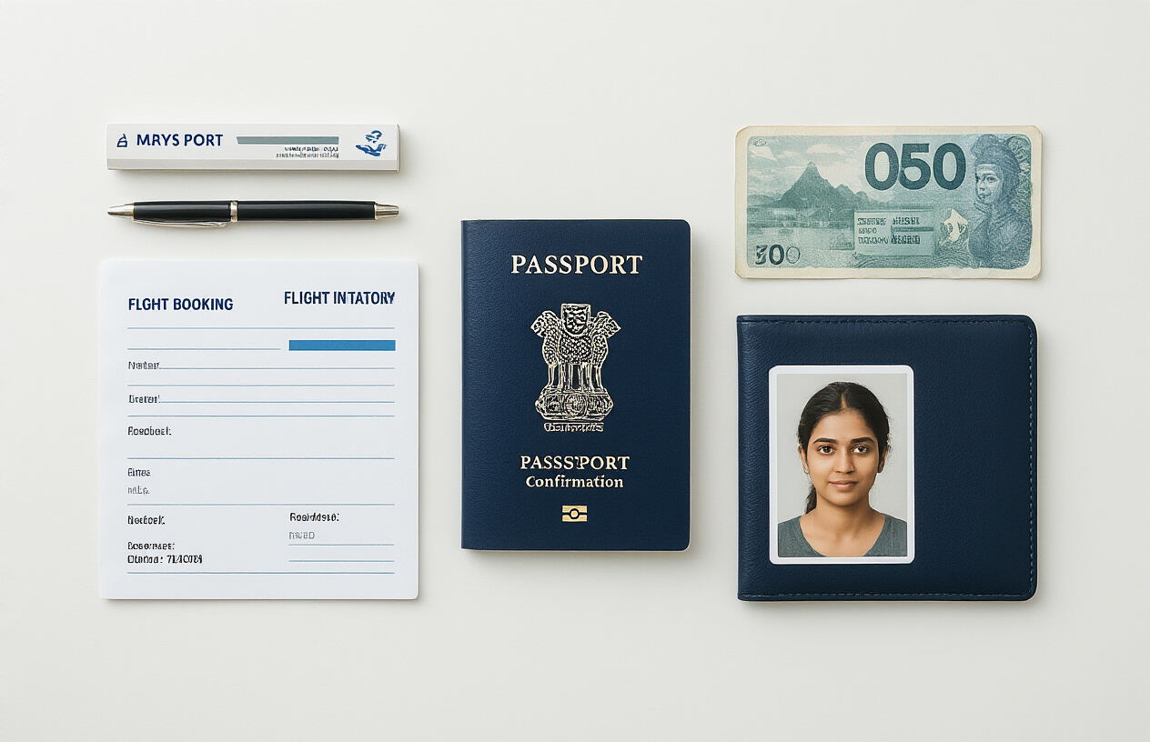 realistic image of a neatly organized travel documents layout on a clean white surface, featuring an Indian passport, a printed flight itinerary, hotel booking confirmation papers, a bank statement, and a recent passport-sized photograph arranged in an orderly flat-lay composition, with soft natural daylight illuminating the scene from the side, creating a calm and prepared mood that conveys readiness for international travel. Absolutely NO text should be in the scene.