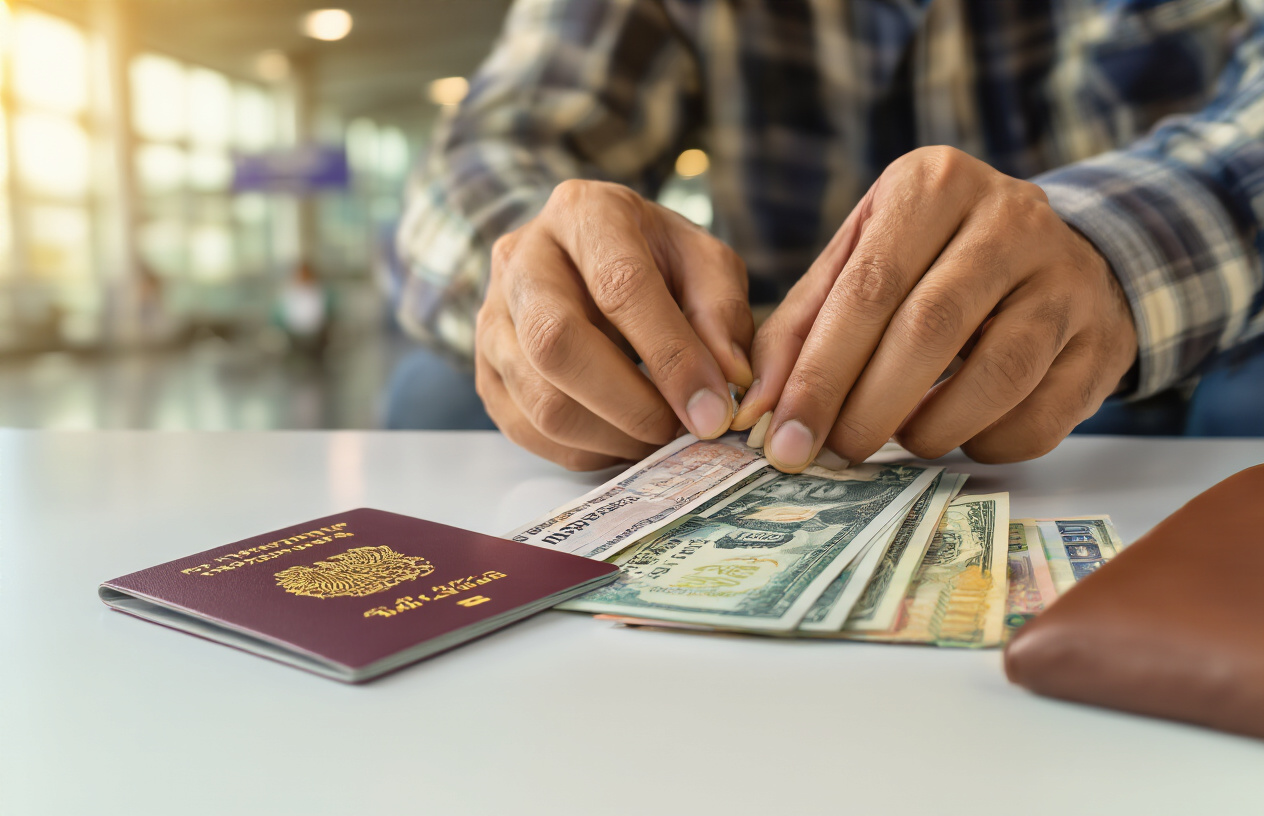 realistic image of a close-up shot of an Indian male traveler's hands neatly arranging essential financial documents and items on a clean white surface, including a passport, a stack of Thai Baht currency notes, and a credit card, with a blurred background suggesting an airport or border checkpoint setting, warm and organized lighting emphasizing the prepared and confident mood of the scene, Absolutely NO text should be in the scene.