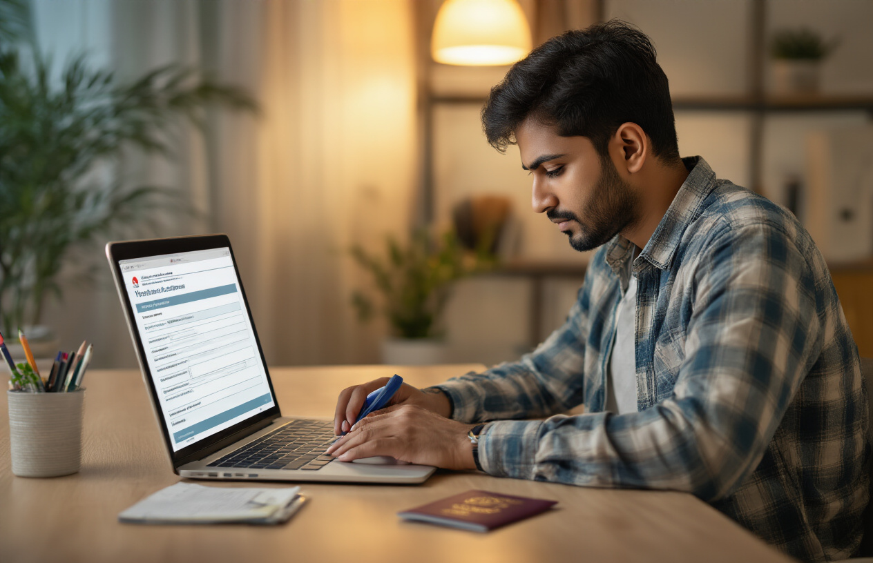 realistic image of an Indian male sitting at a clean desk, focused on filling out an online digital arrival form on a laptop or tablet, with a Thai passport-style document and a passport placed nearby on the desk, warm indoor lighting creating a productive and organized atmosphere, the screen displaying a form interface without any readable text, giving the impression of an official digital registration process, Absolutely NO text should be in the scene.