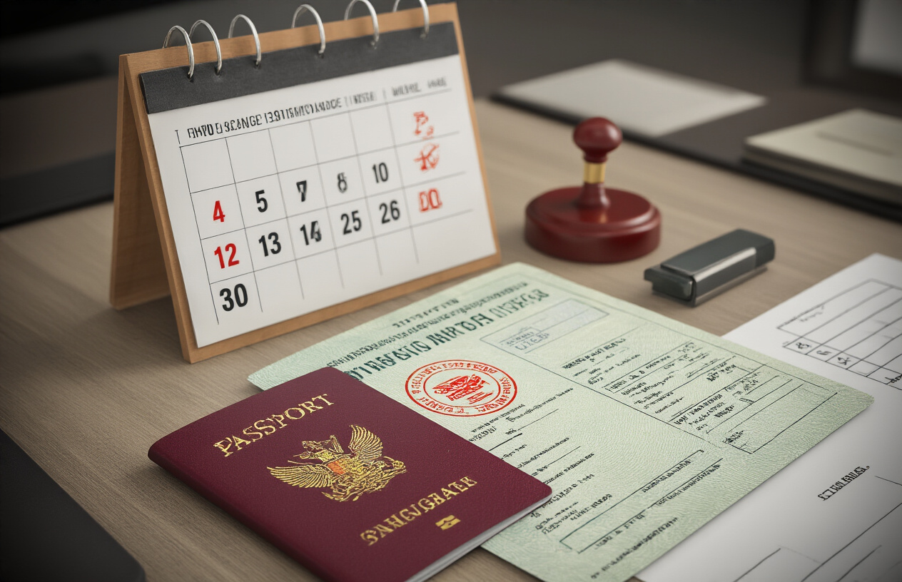 realistic image of a Thai immigration officer's desk with a passport open to a visa page, a red stamp or seal nearby, and a small sign or placard indicating restrictions, alongside a calendar showing date limits and a checklist document with checkboxes, set in a formal immigration office environment with neutral lighting, conveying a sense of caution and official procedure. Absolutely NO text should be in the scene.