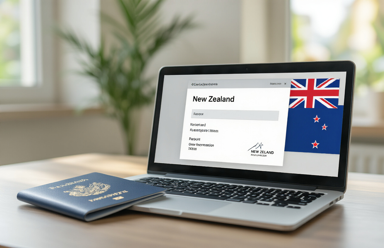 realistic image of a close-up shot of a laptop screen displaying a clean digital visa application interface, with a New Zealand passport placed beside it on a modern desk, a small New Zealand flag subtly visible in the background, the scene bathed in soft, natural daylight creating an optimistic and forward-looking mood, symbolizing a smooth digital transition, with a sense of efficiency and ease. Absolutely NO text should be in the scene.