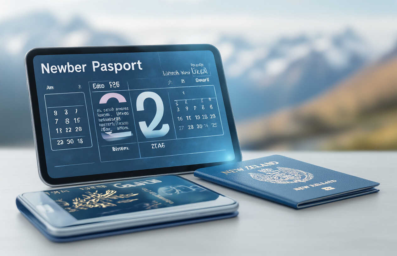 realistic image of a digital calendar displaying October 2026 on a modern tablet screen, placed on a desk alongside a New Zealand passport and a smartphone showing a digital visa interface, with a soft blue and white ambient lighting creating a forward-looking, anticipatory mood, the background featuring a subtle blurred New Zealand landscape, conveying a sense of significant change and transition to digital processes. Absolutely NO text should be in the scene.