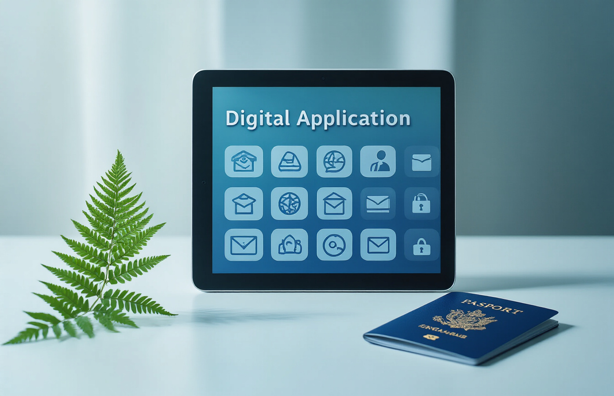 realistic image of a digital tablet displaying multiple visa application icons or category symbols on its screen, surrounded by New Zealand-themed elements such as a small fern leaf and a passport, placed on a clean modern desk, with a soft blue and white lighting that conveys a professional and tech-forward atmosphere, emphasizing the transition from physical to digital visa processing. Absolutely NO text should be in the scene.